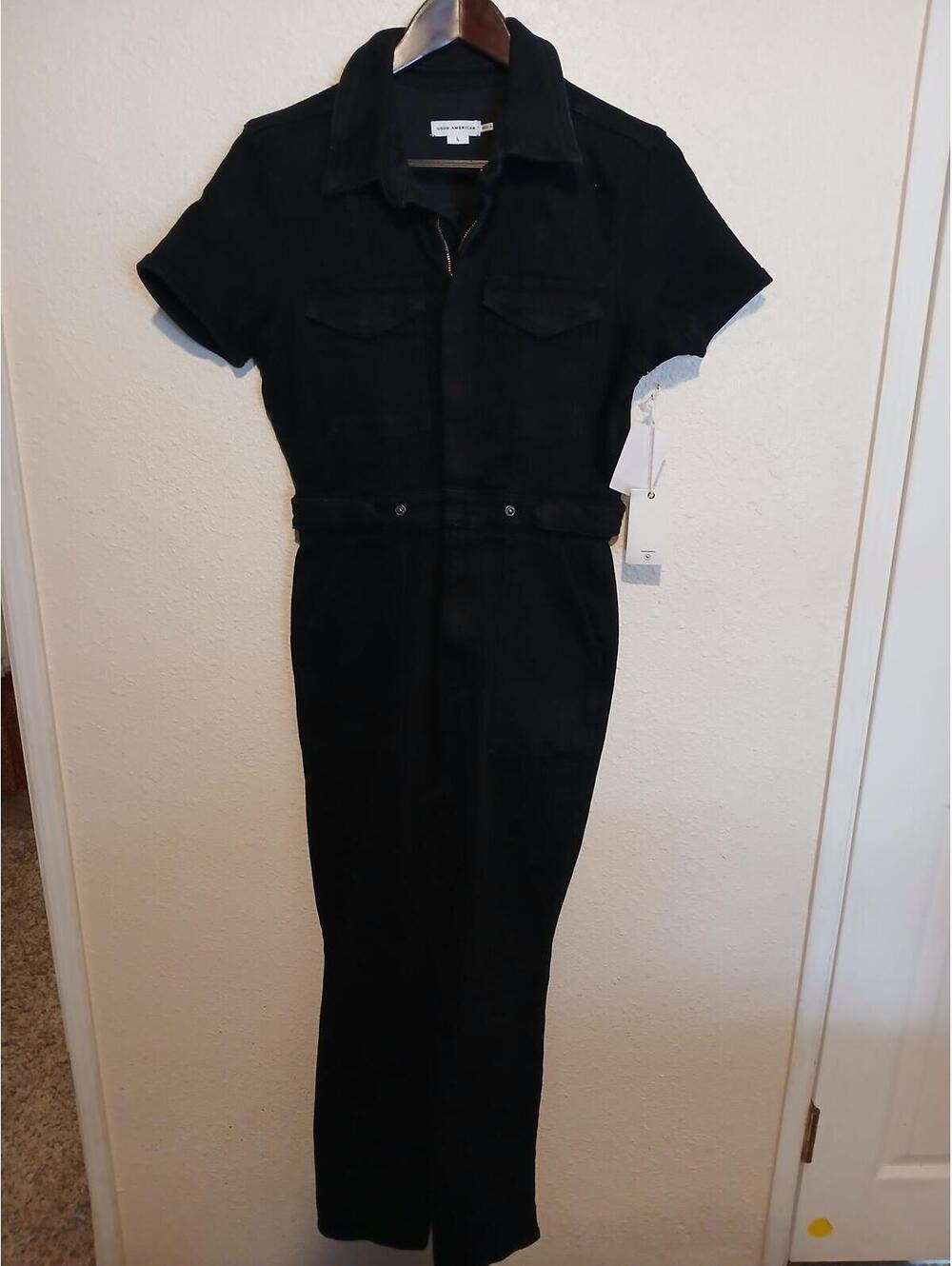 Good American Black Denim Jumpsuit with Short Sleeves and Front Zipper